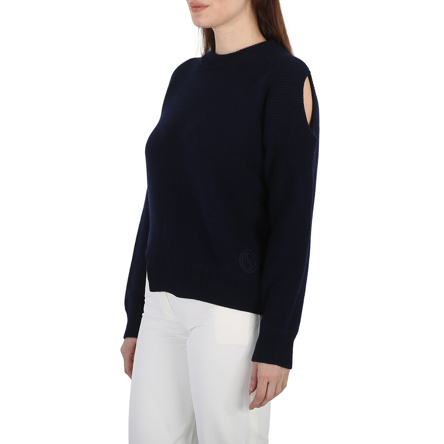 Stella Mccartney Navy Regenerated Asymmetric Cold-shoulder Jumper In Blue