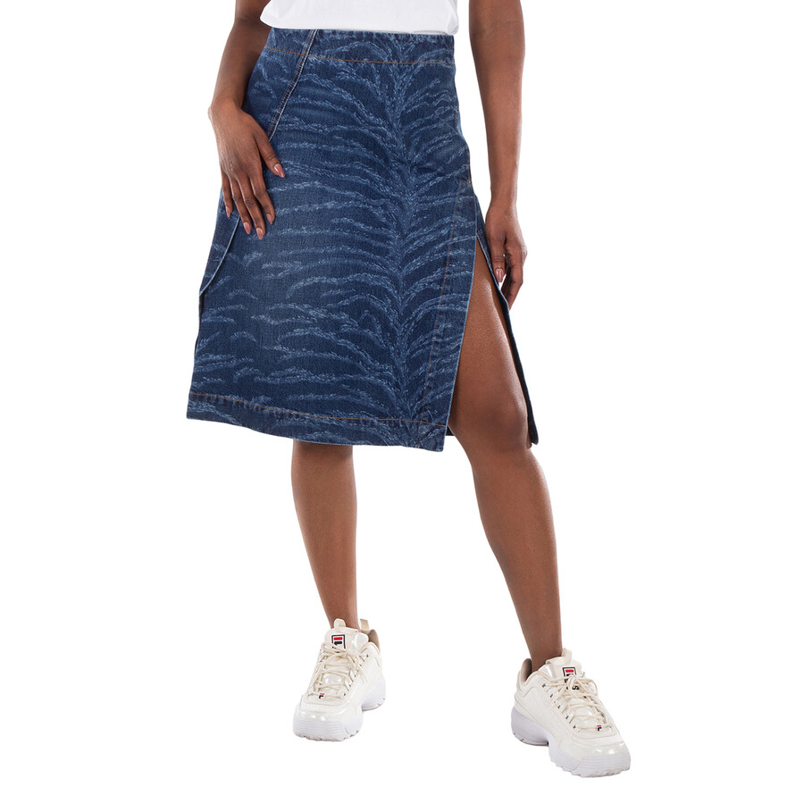 Tiger Pattern High-Rise Denim Midi Skirt
