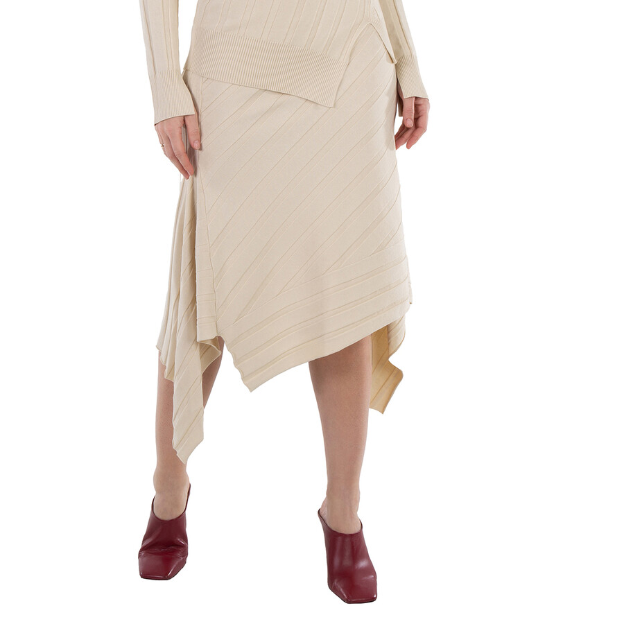 White Asynnetric Hem Rib-Knit Skirt