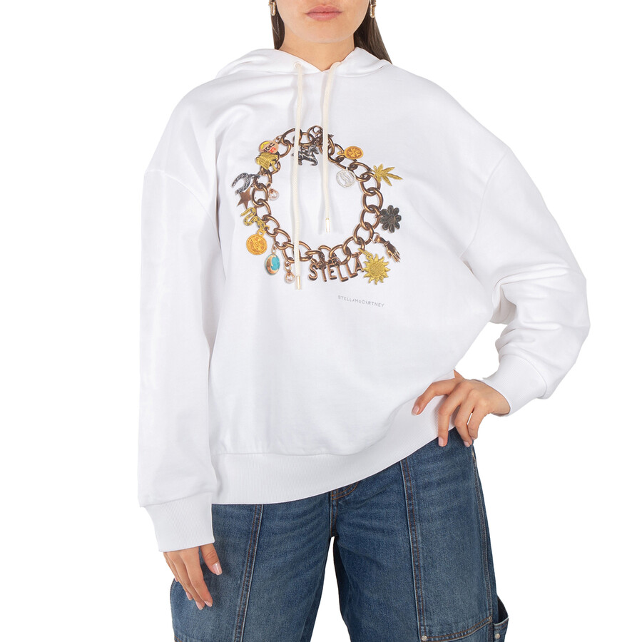 White Cotton Bracelet-Print Hooded Sweatshirt