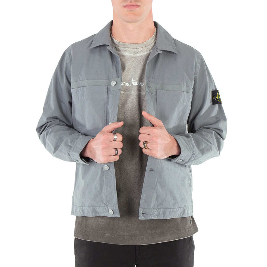 Stone Island Men's Grey Green Cotton Ripstop Shirt, Size