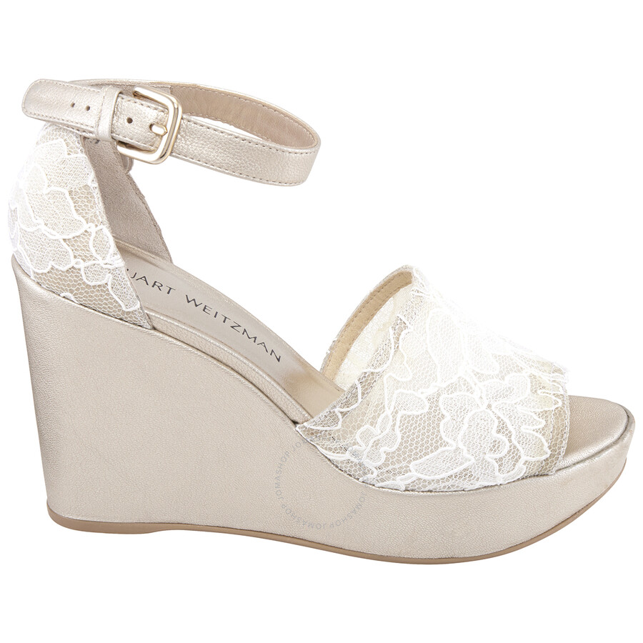 Shop Stuart Weitzman Vienna Lace 75 Wedge Sandals In White