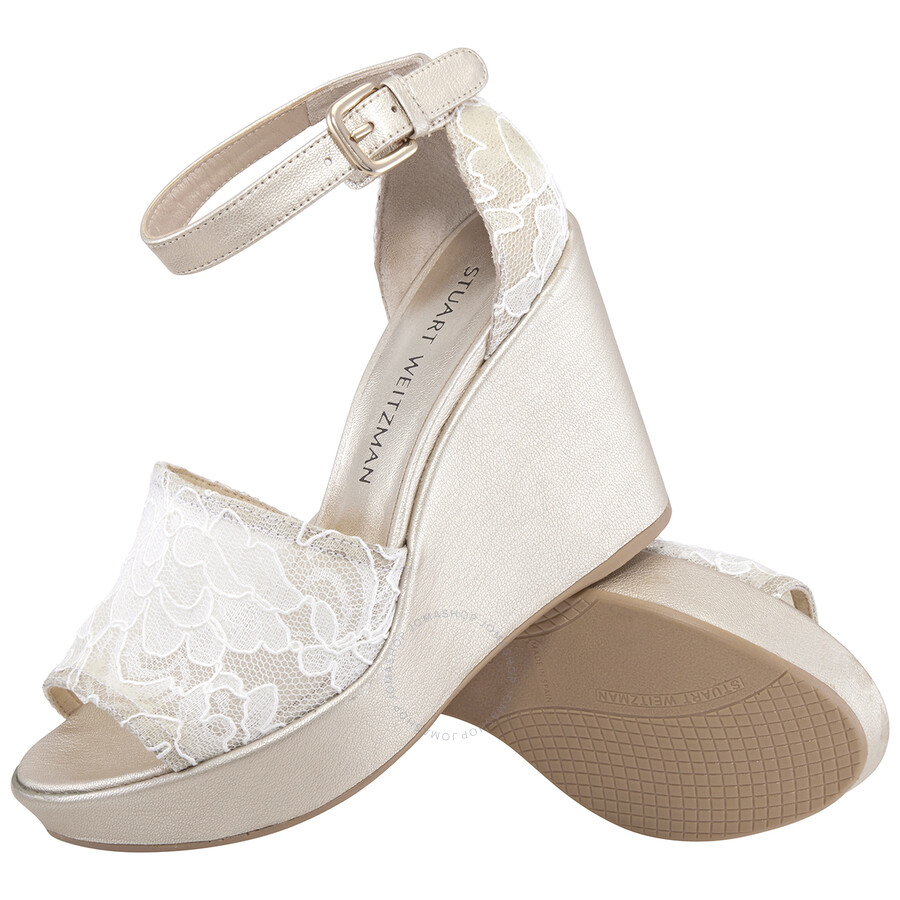Stuart Weitzman Vienna Lace 75 Wedge Sandals In White