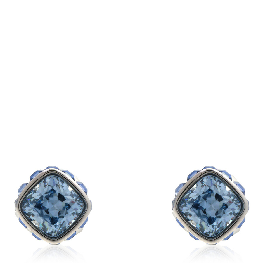 Swarovski Rhodium Plated Square Cut Color Birthstone Stud Earrings In Blue