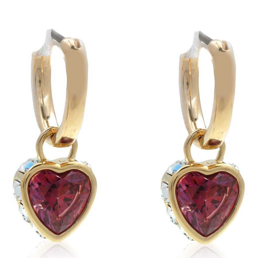 Swarovski Chroma Pierced Earrings Mini Hoop Drop Heart Gold Shiny Red In Silver Tone