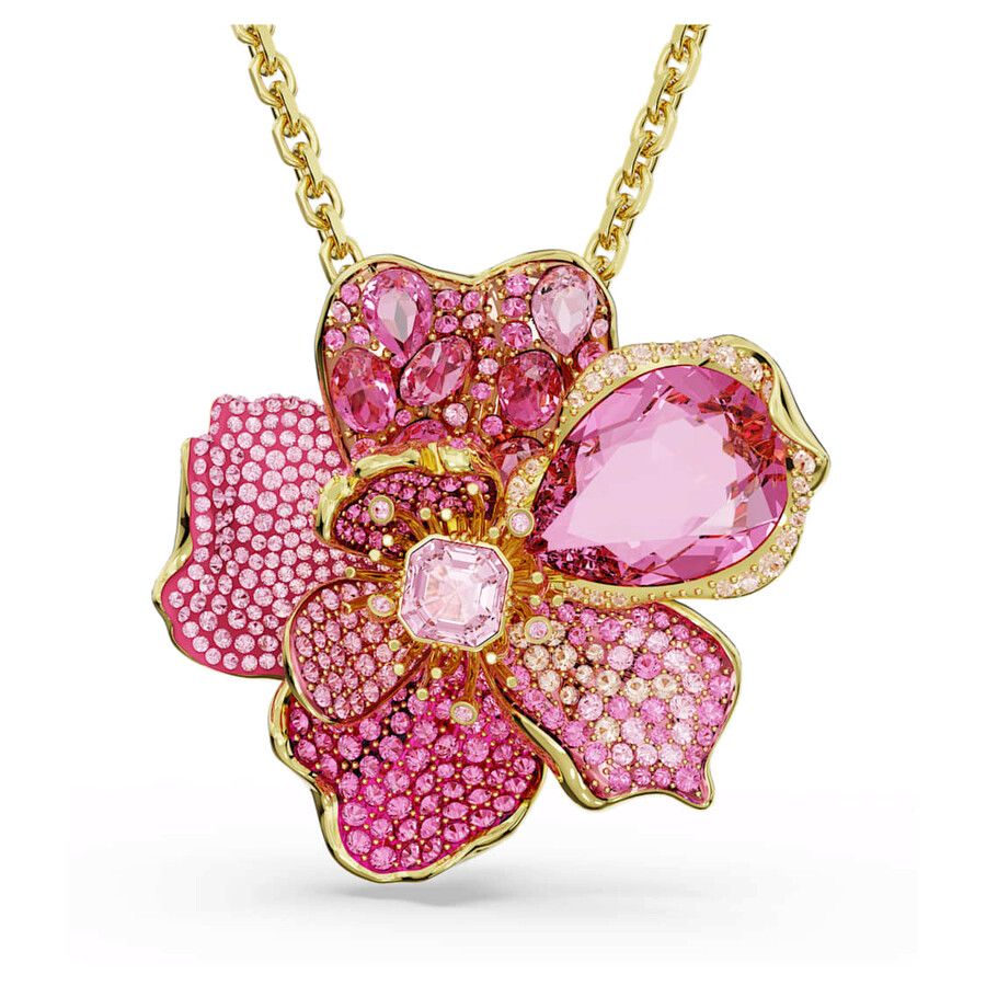 Swarovski Crystal Pave Flower Florere Pendant Necklace And Brooch In Pink