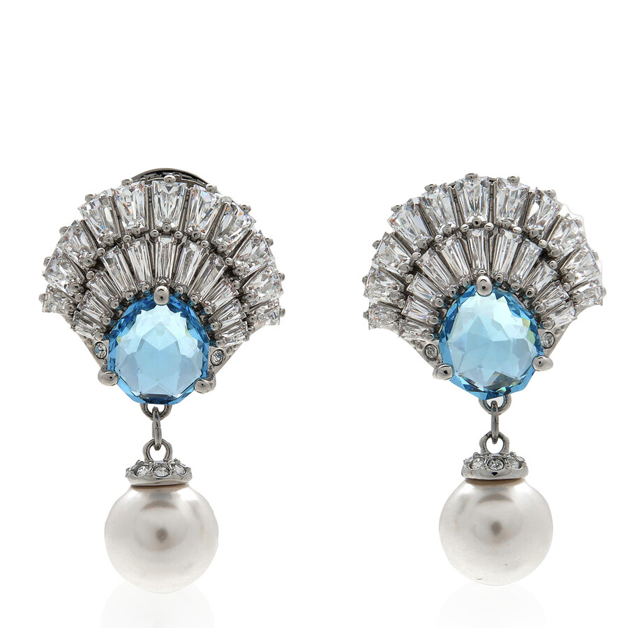 Swarovski Idyllia E Pierced Earrings Drop Pearl Rhodium Shiny Aquamarine In Blue