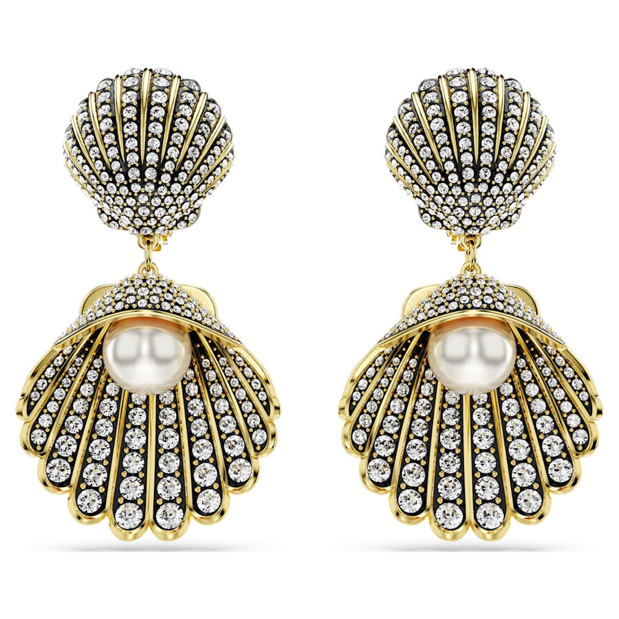 Swarovski Crystal Imitation Pearl, Shell, White, Gold-tone Idyllia Clip Earrings In White