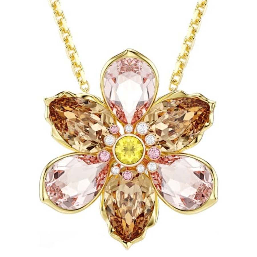 Swarovski Idyllia Crystal Flower Brooch Pendant Necklace In Gold