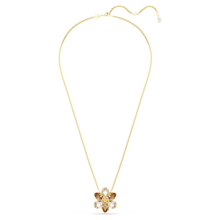 Swarovski Idyllia Crystal Flower Brooch Pendant Necklace In Gold