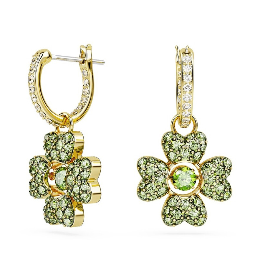 Swarovski Idyllia Pierced Earrings Mini Hoop Clover Cz Gold Shiny Green In Silver Tone