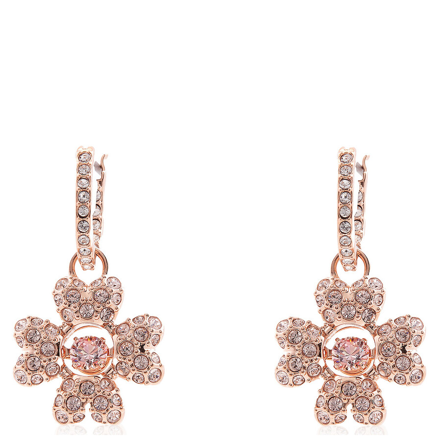 Swarovski Idyllia Pierced Earrings Mini Hoop Cz Clover Rose Gold Shiny Silk In Gold Tone