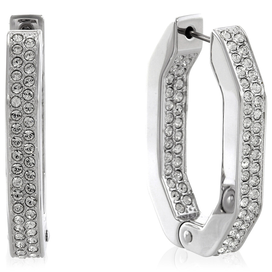 Swarovski Ladies Dextera White Rhodium Plated Octagon Shape Hoop Earrings In White/silver Tone