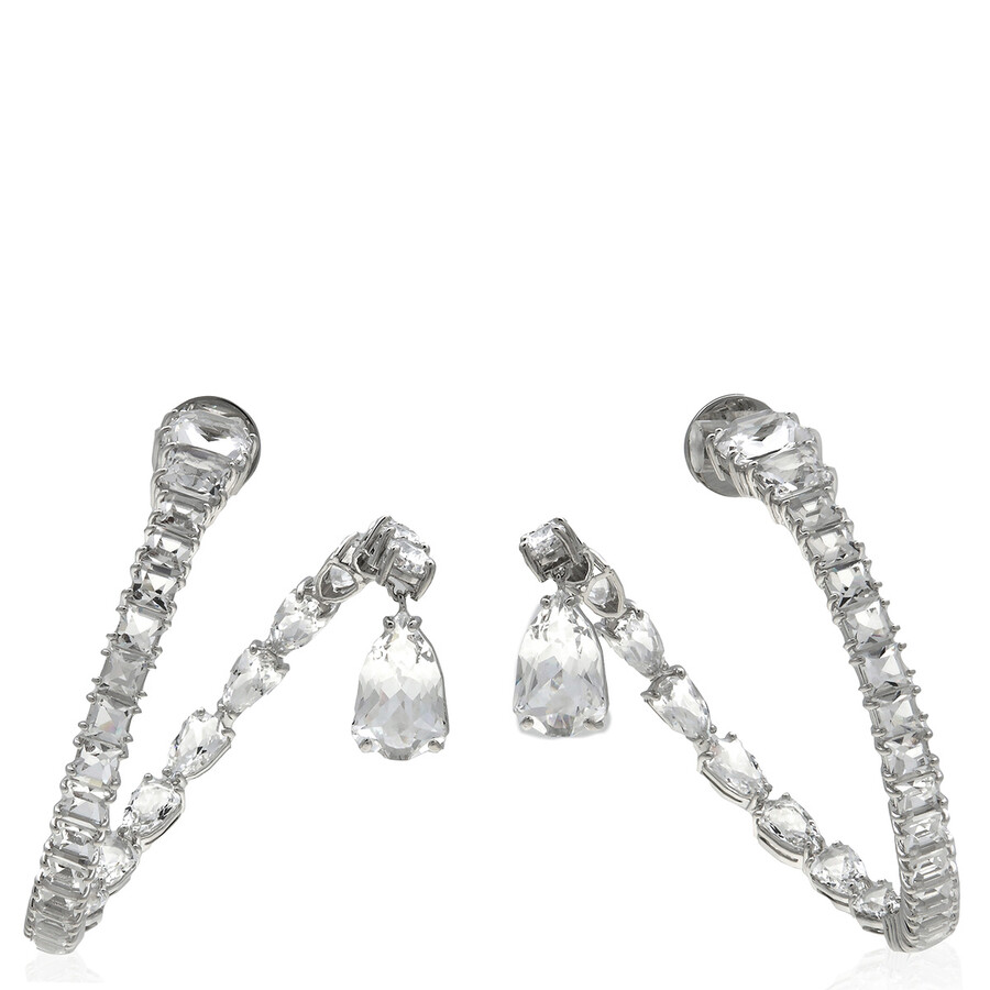 Swarovski Matrix Pierced Earrings Hoop Rhodium Shiny Crystal In White