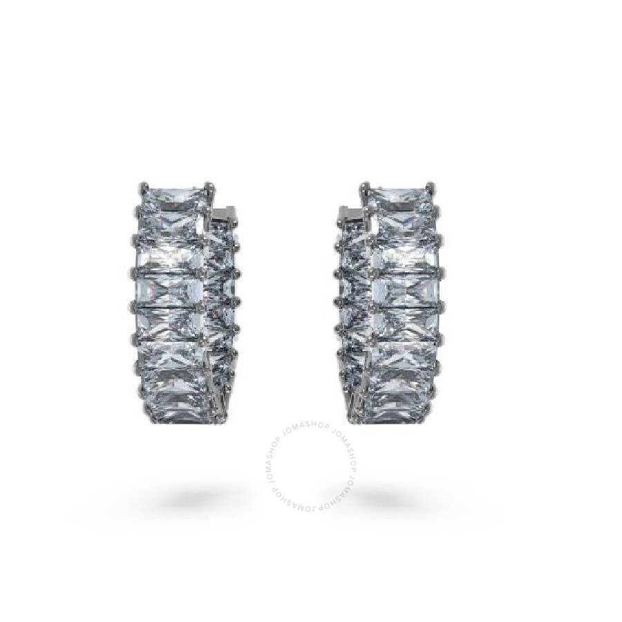 Swarovski Matrix Pierced Earrings Mini Hoop Ruthenium Shiny Grey In Silver Tone