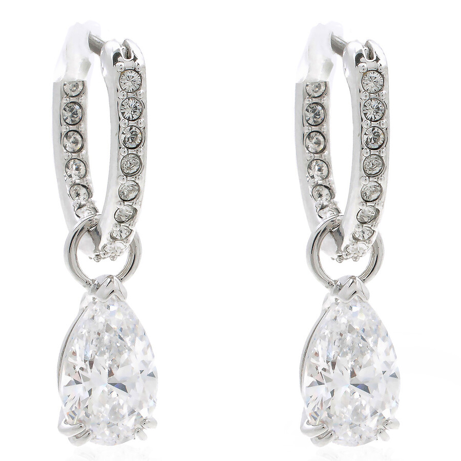 Swarovski Millenia Pear Crystal Drop Huggie Hoop Earrings In White/silver Tone