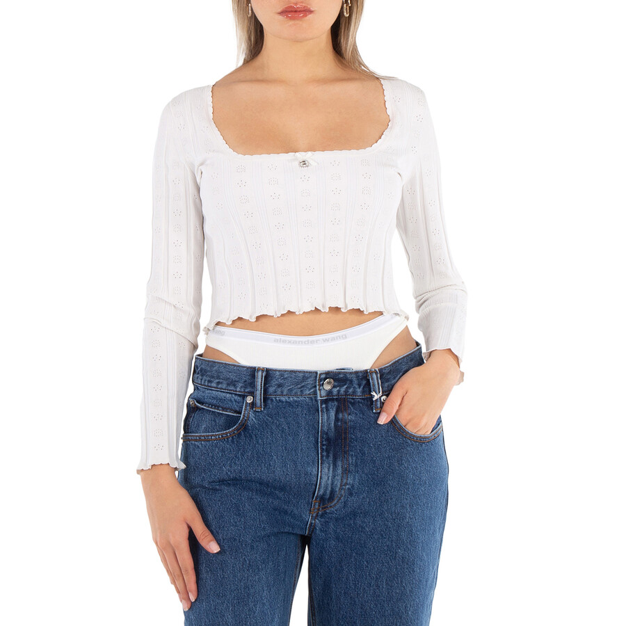 Ladies Soft White Logo Pointelle Pullover, Size Large