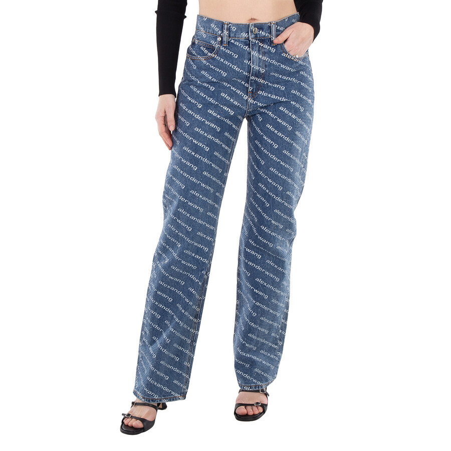Logo-Print Sequined Mid-Rise Straight Leg Cotton Trousers