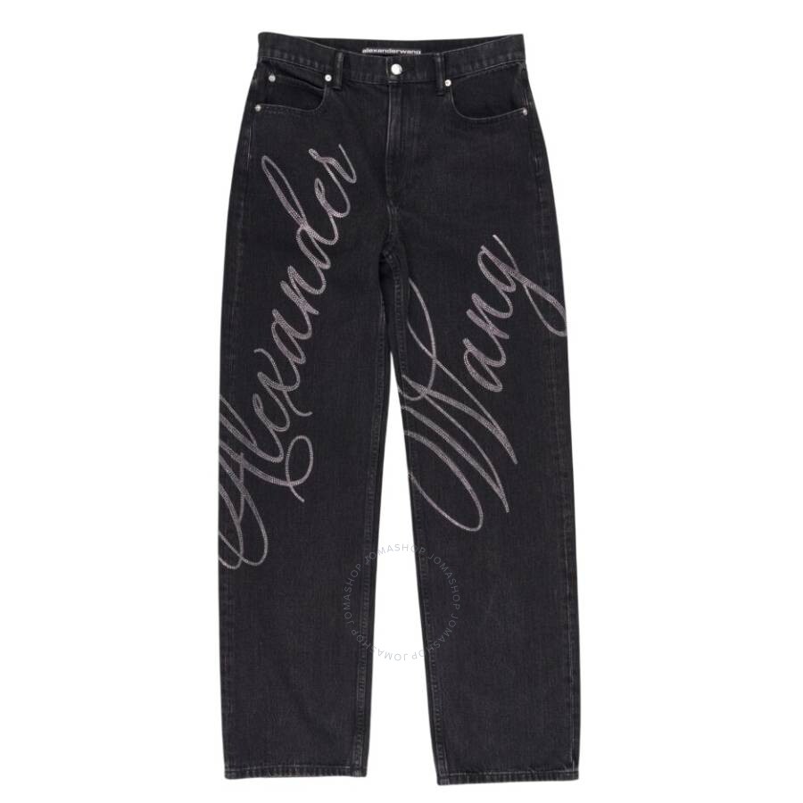 Alexander Wang T T By Alexander Wang Relaxed Hotfix Cursive Logo Jeans In Grey