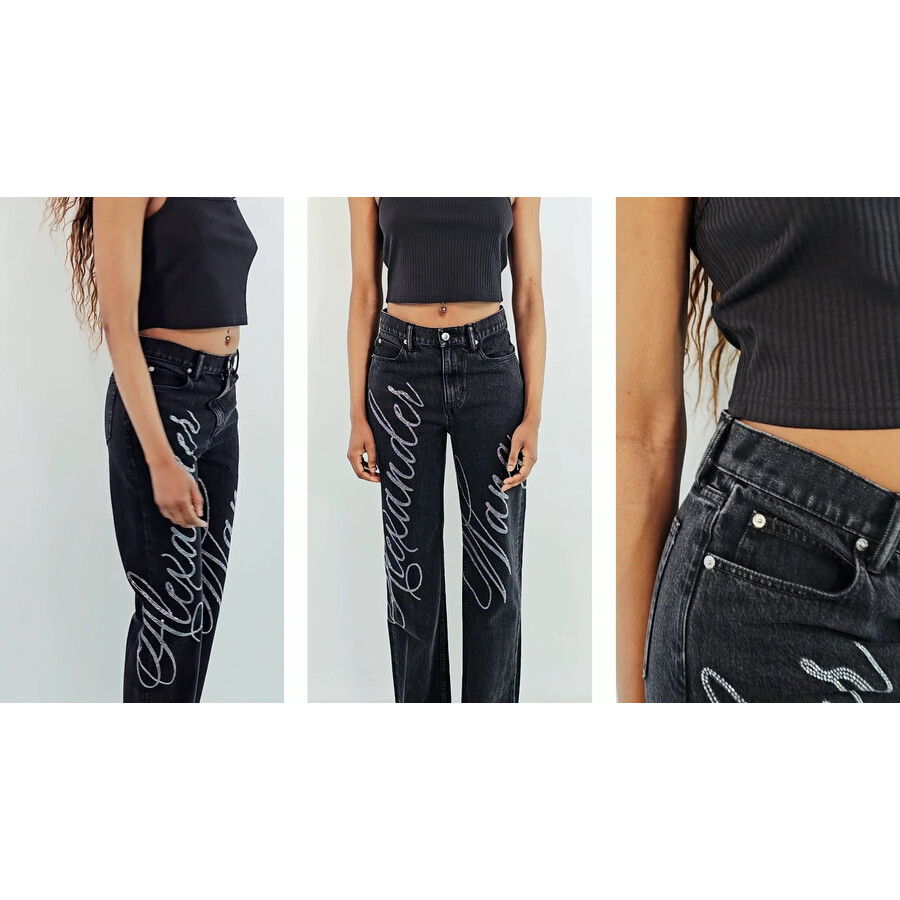 T By Alexander Wang Relaxed Hotfix Cursive Logo Jeans, Waist Size
