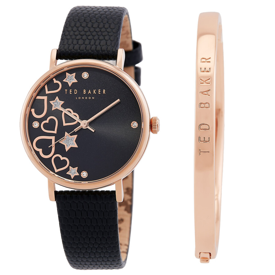 Ted Baker Phylipa Hearts Stars Quartz Black Dial Watch and Bracelet Set  BKGFW22139I