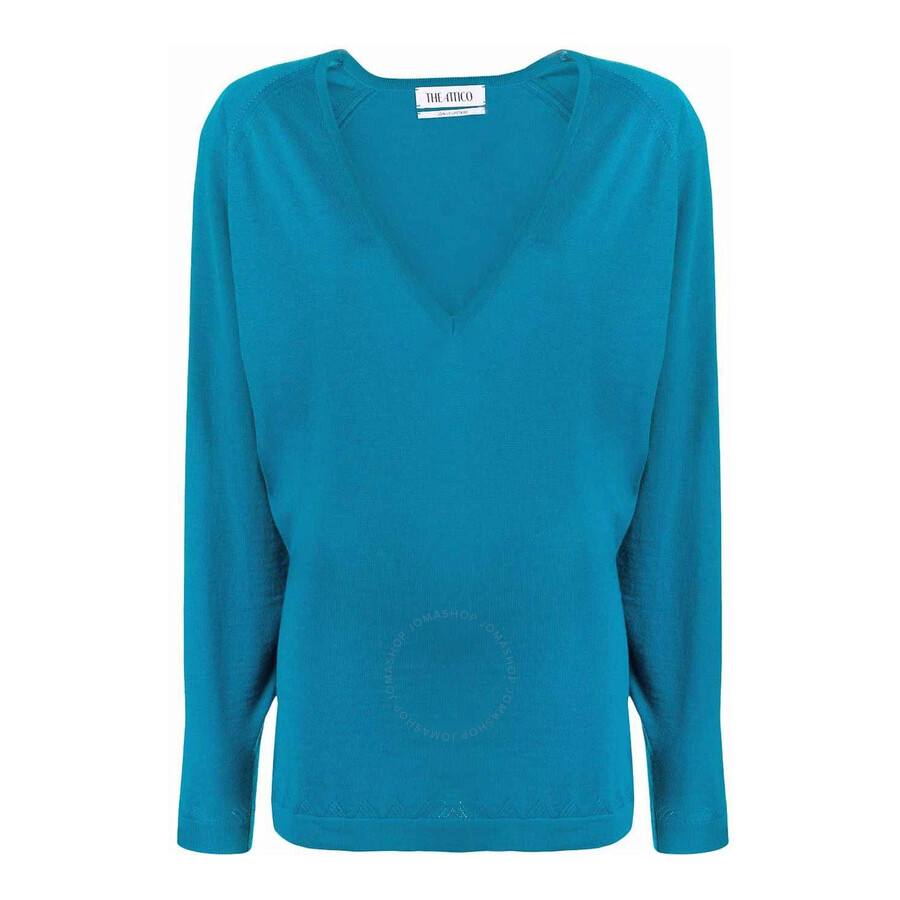 ATTICO THE ATTICO LADIES CAPRI BLUE PLUNGE V-NECK JUMPER