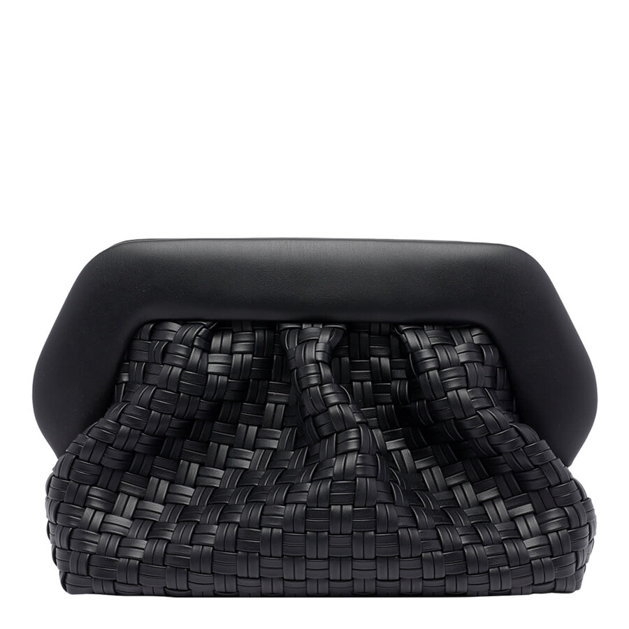 Themoirè Tia Black Clutch Bag With Woven Straw Motif And Shoulder Strap In Black