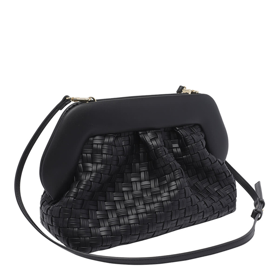 Themoirè Tia Black Clutch Bag With Woven Straw Motif And Shoulder Strap In Black
