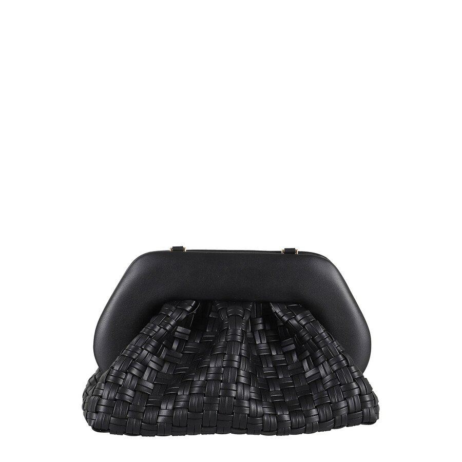 Themoirè Tia Black Clutch Bag With Woven Straw Motif And Shoulder Strap In Black