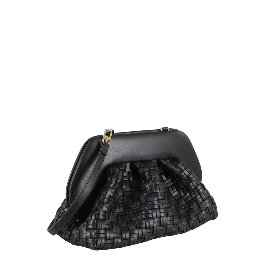 Themoirè Tia Black Clutch Bag With Woven Straw Motif And Shoulder Strap In Black