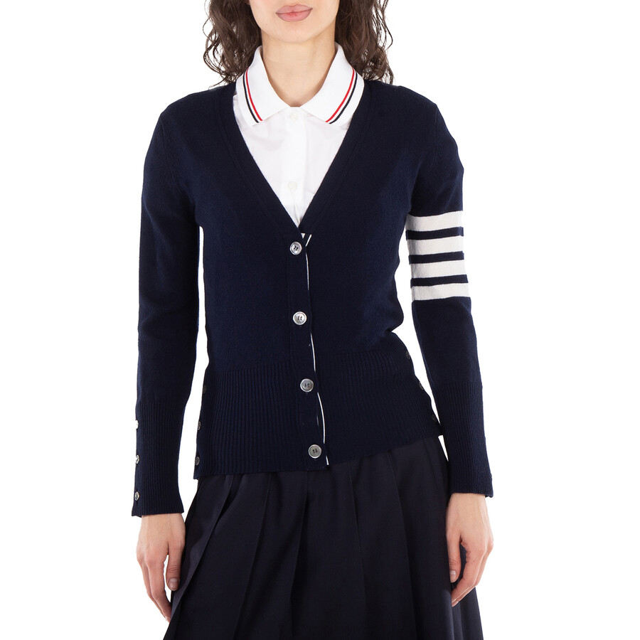 Thom Browne Ladies Navy Cashmere 4-Bar Classic V-Neck Cardigan