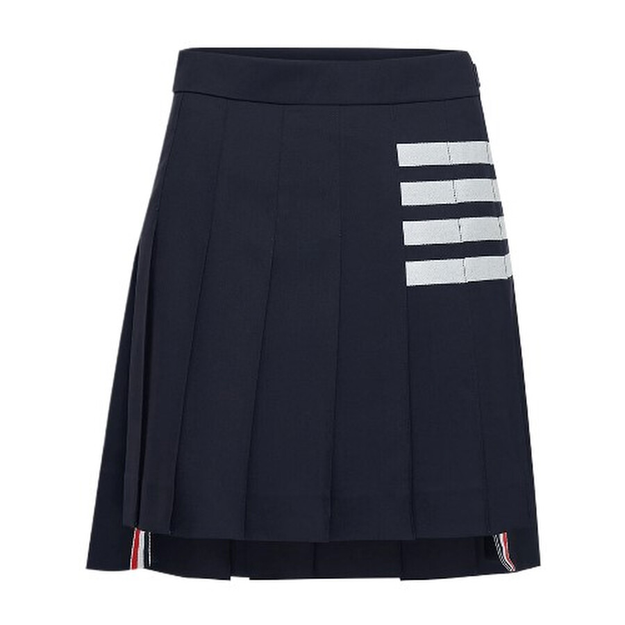 Thom Browne Ladies Navy Plain Weave 4-Bar Pleated Mini Skirt