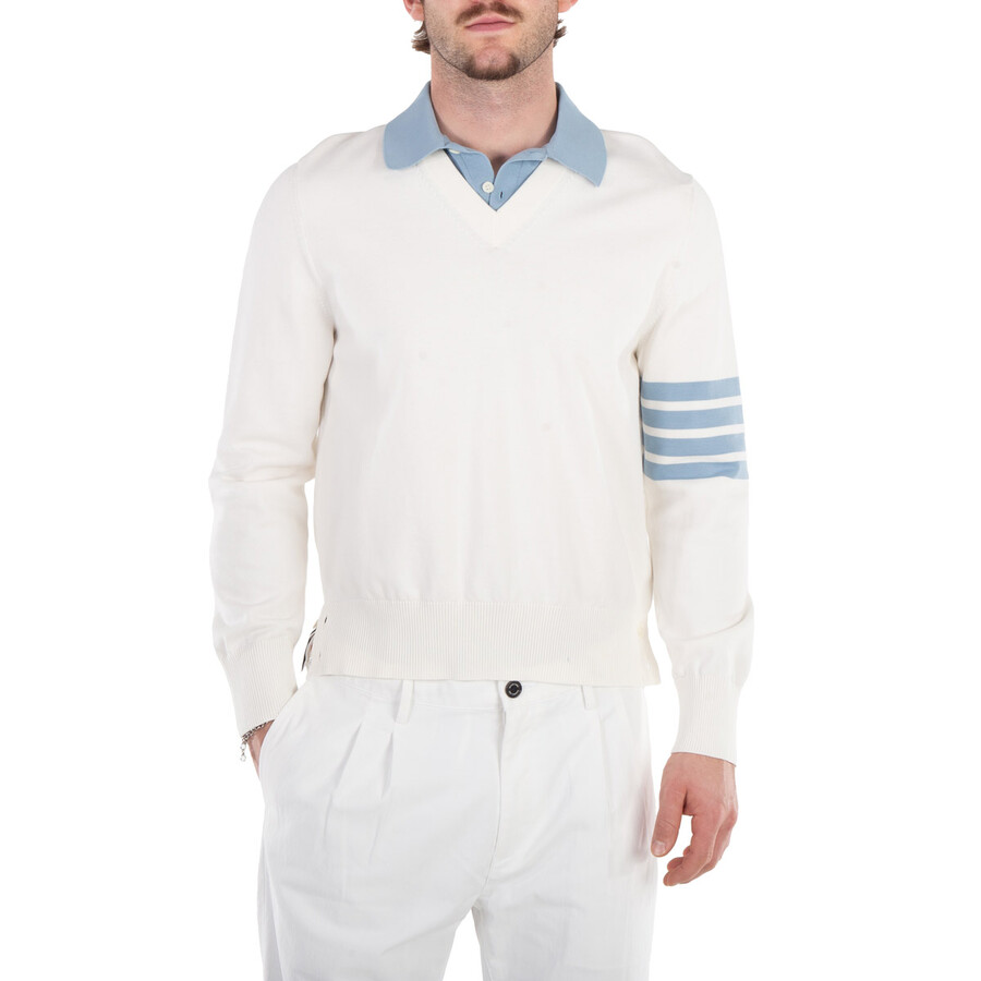 Men's Jersey 4-Bar V Neck Polo Pullover in White
