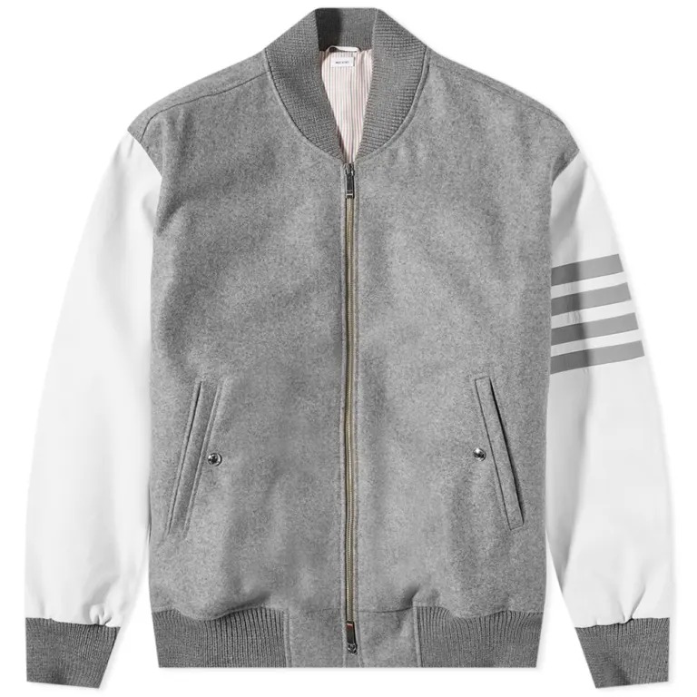 Thom Browne Men's Med Grey 4-Bar Stripe Bomber Jacket, Brand Size Thom Browne Men's Med Grey 4-Bar Stripe Bomber Jacket, Brand Size
