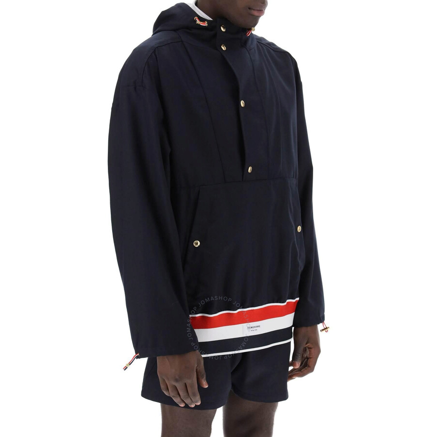 Thom Browne Anorak In Fresco Lana Con Banda Tricolore In Blue