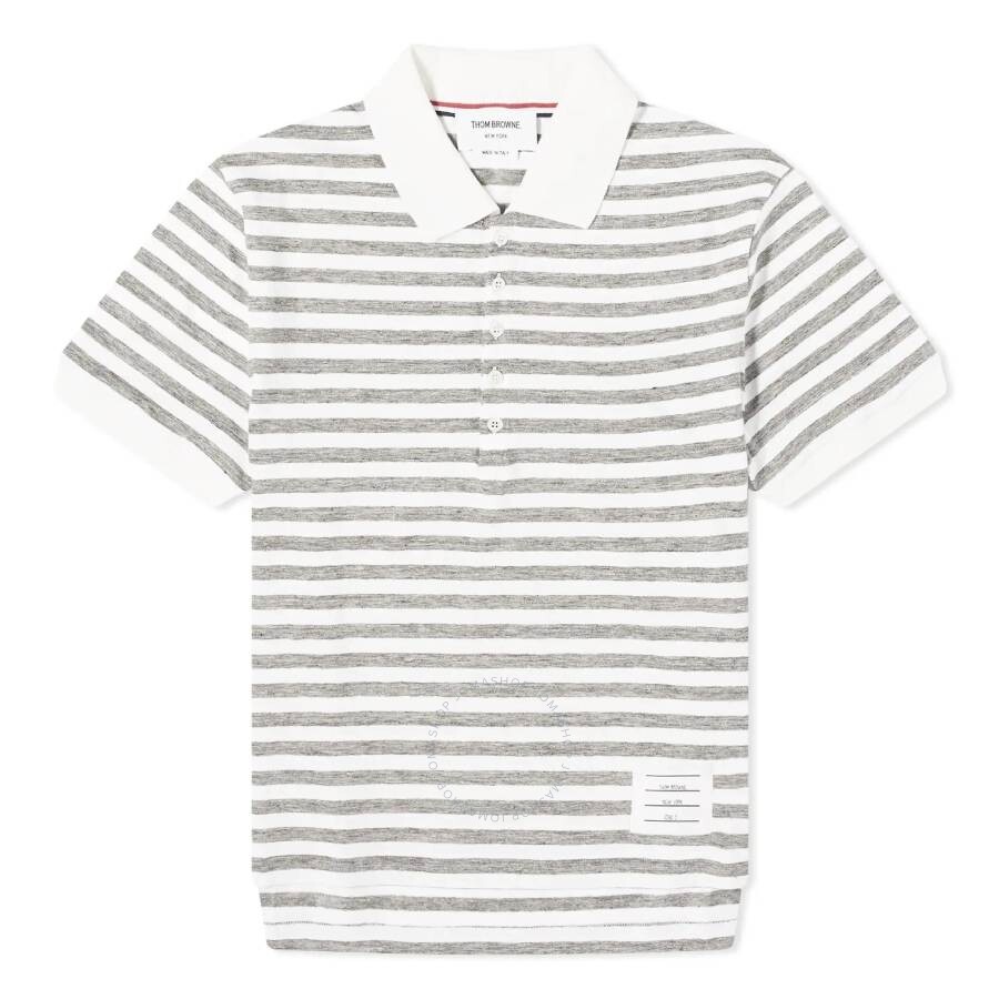 Thom Browne Short Sleeve Polo In Striped Linen Jersey In Grey