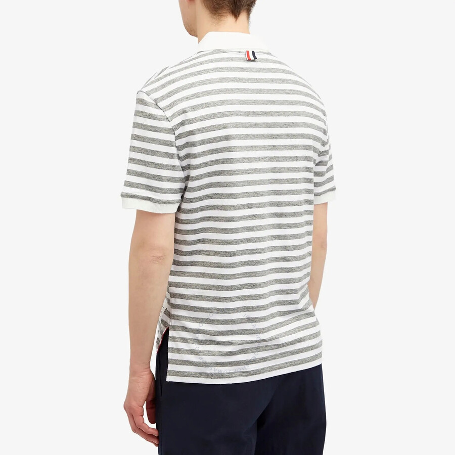 Thom Browne Short Sleeve Polo In Striped Linen Jersey In Grey