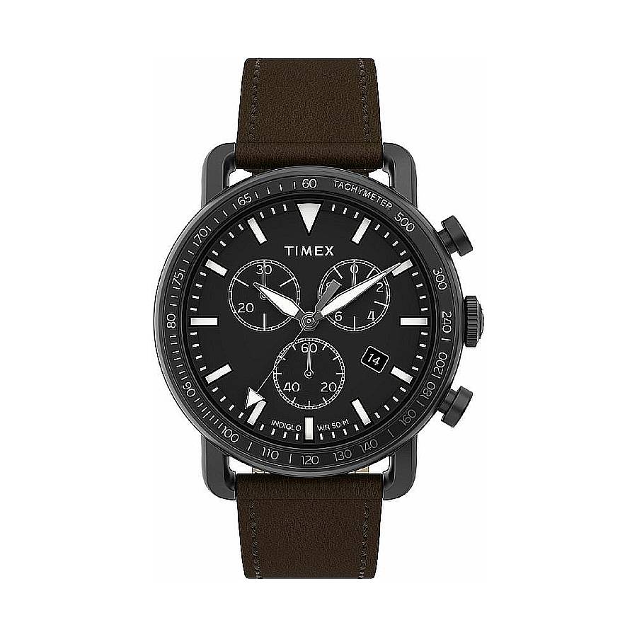 Timex Orologio Uomo Cronografo TW2U02100 - Quadrante Nero, Cinturino Marrone E Luce Indiglo
