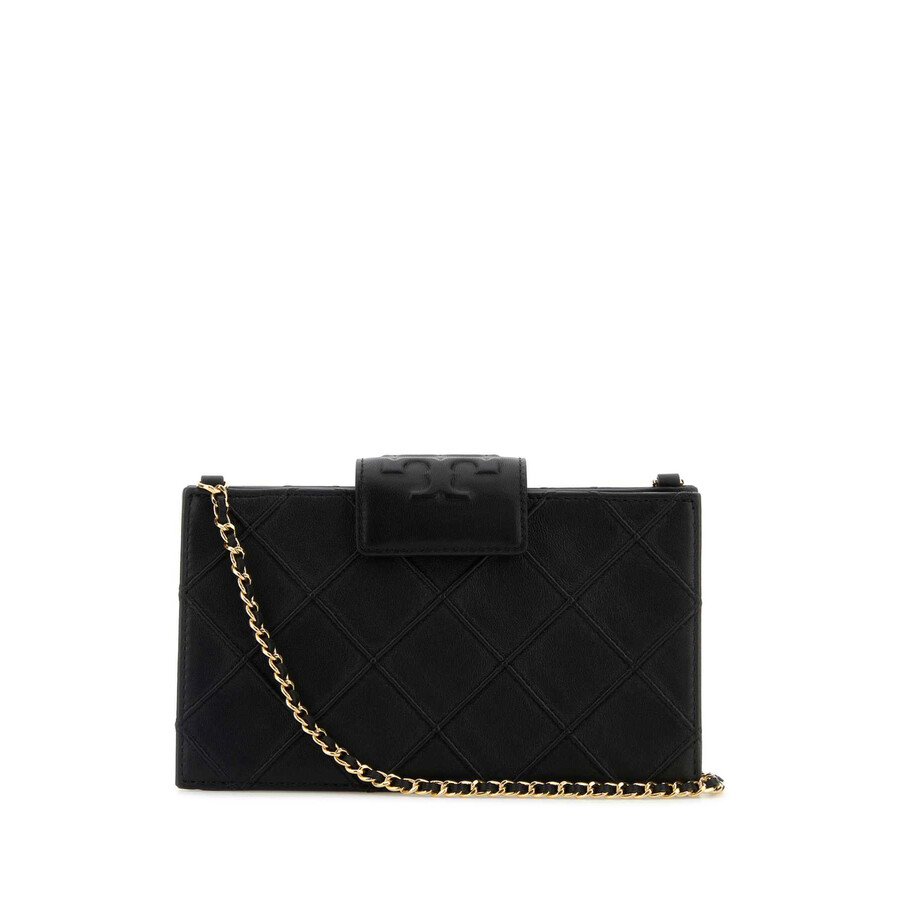 Tory Burch Fleming Black Diamond Quilted Mini Crossbody Bag With Chain-link Shoulder Strap In Leather Woman
