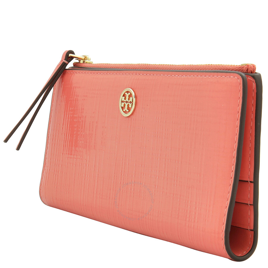 Tory Burch Coral Crush Patent Leather Robinson Zip Wallet In Pink