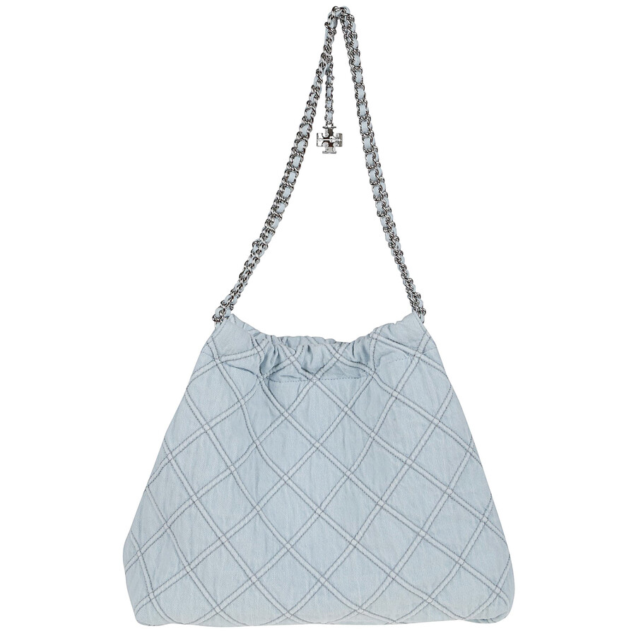 Tory Burch 'fleming' Grey Diamond Quilted Shoulder Bag With Chain-link Handles In Leather Woman