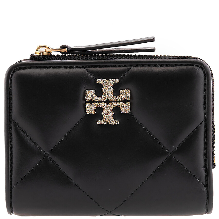 Tory Burch Ladies Black Kira Diamond Quilt Pave Logo Bi-fold Wallet In Black
