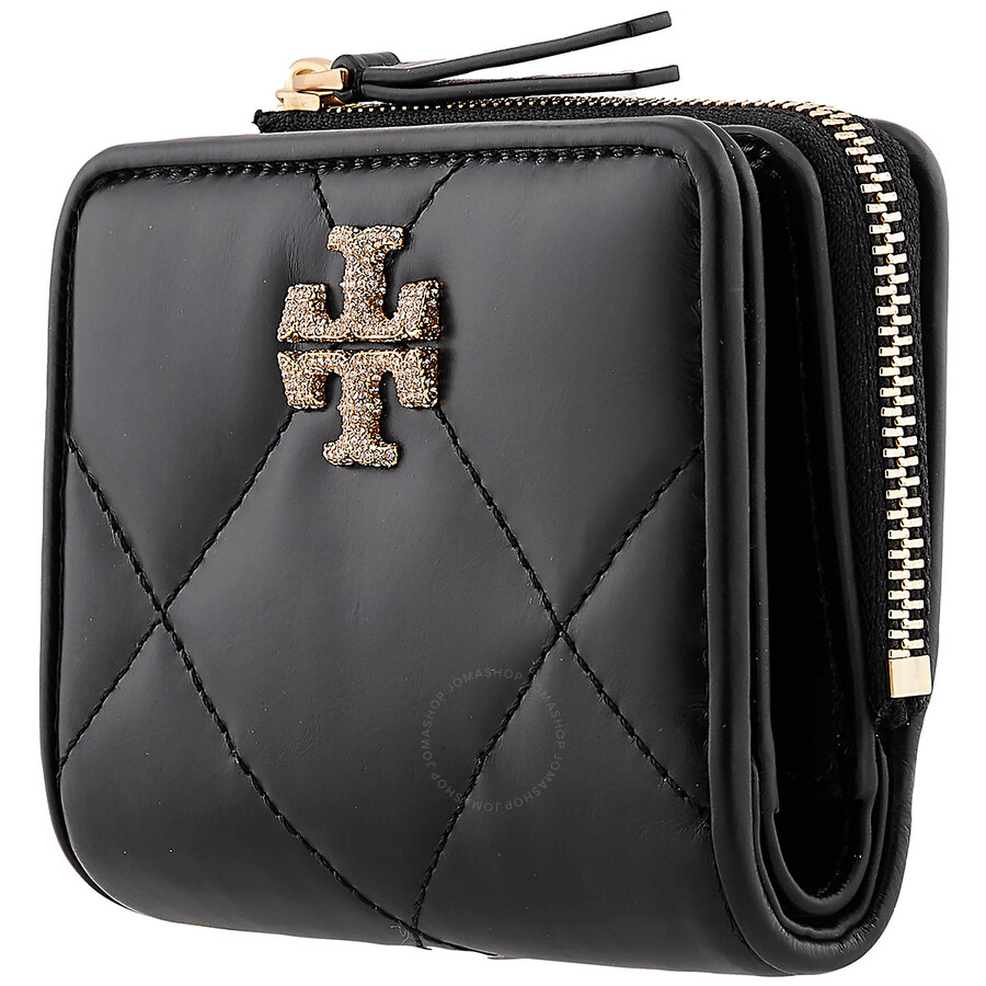 Tory Burch Ladies Black Kira Diamond Quilt Pave Logo Bi-fold Wallet In Black