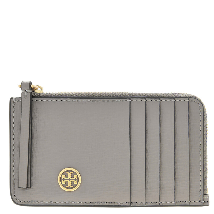 Tory Burch Robinson Top-zip Leather Card Case In Gray