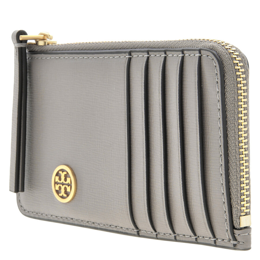 Tory Burch Robinson Top-zip Leather Card Case In Gray
