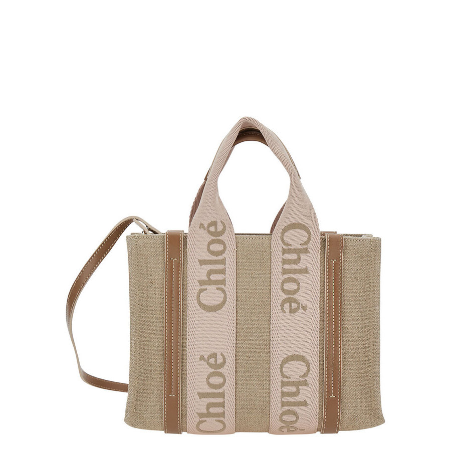 Chloé Tote Bag Woody Piccola With Linen Logo Detail Beige Woman Hand