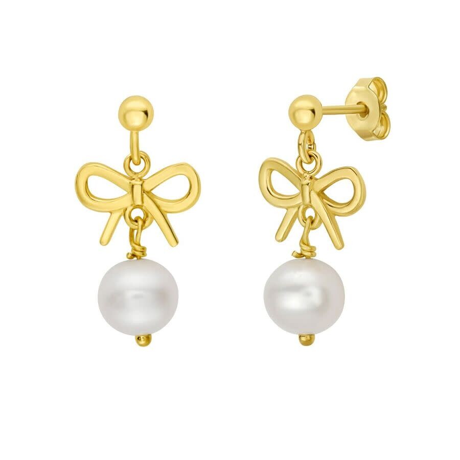 Tresorra 14k Yellow Bow Pearl Drop Earrings In Yellow