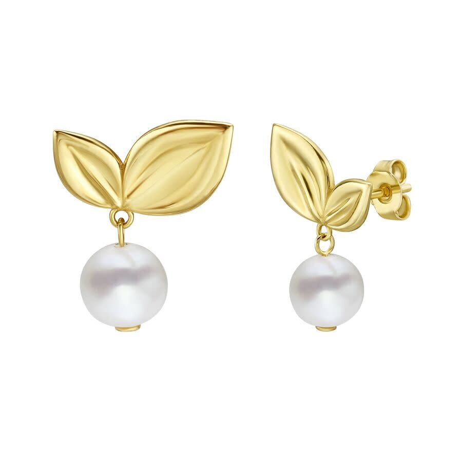 Tresorra 14k Yellow Gold Cherry Leaf & Pearl Drop Stud Earrings In Yellow