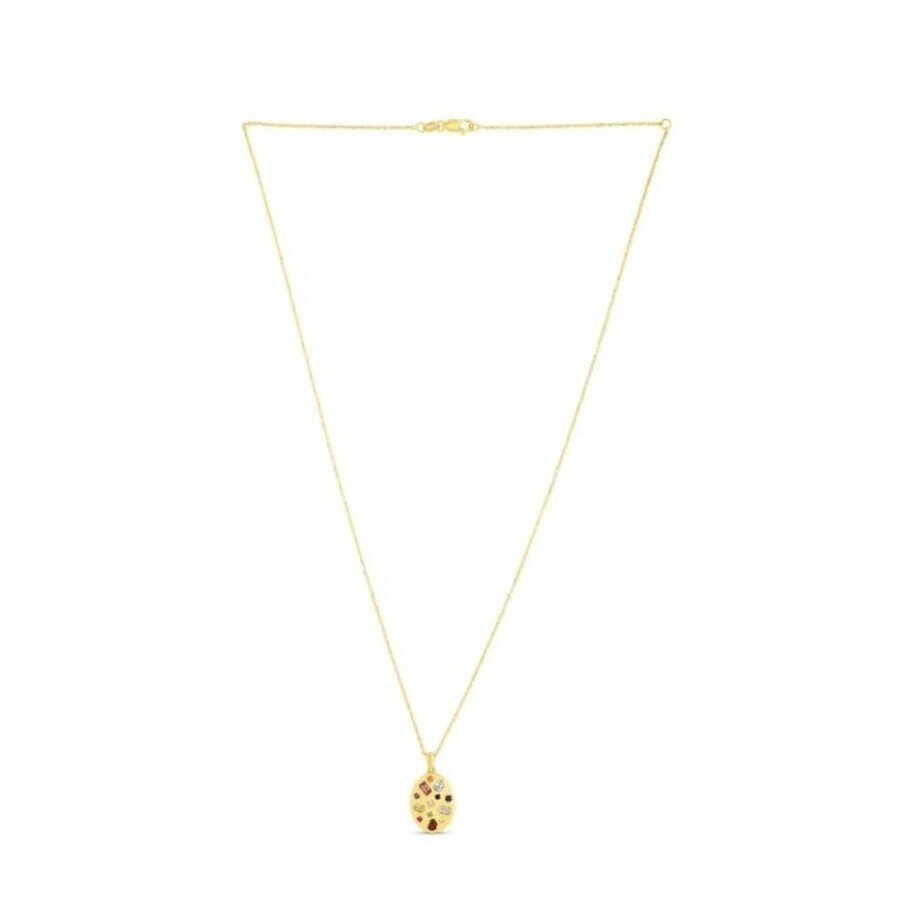 Tresorra 14k Yellow Gold Multicolor Gemstone Inlay Oval Pendant Necklace In Yellow