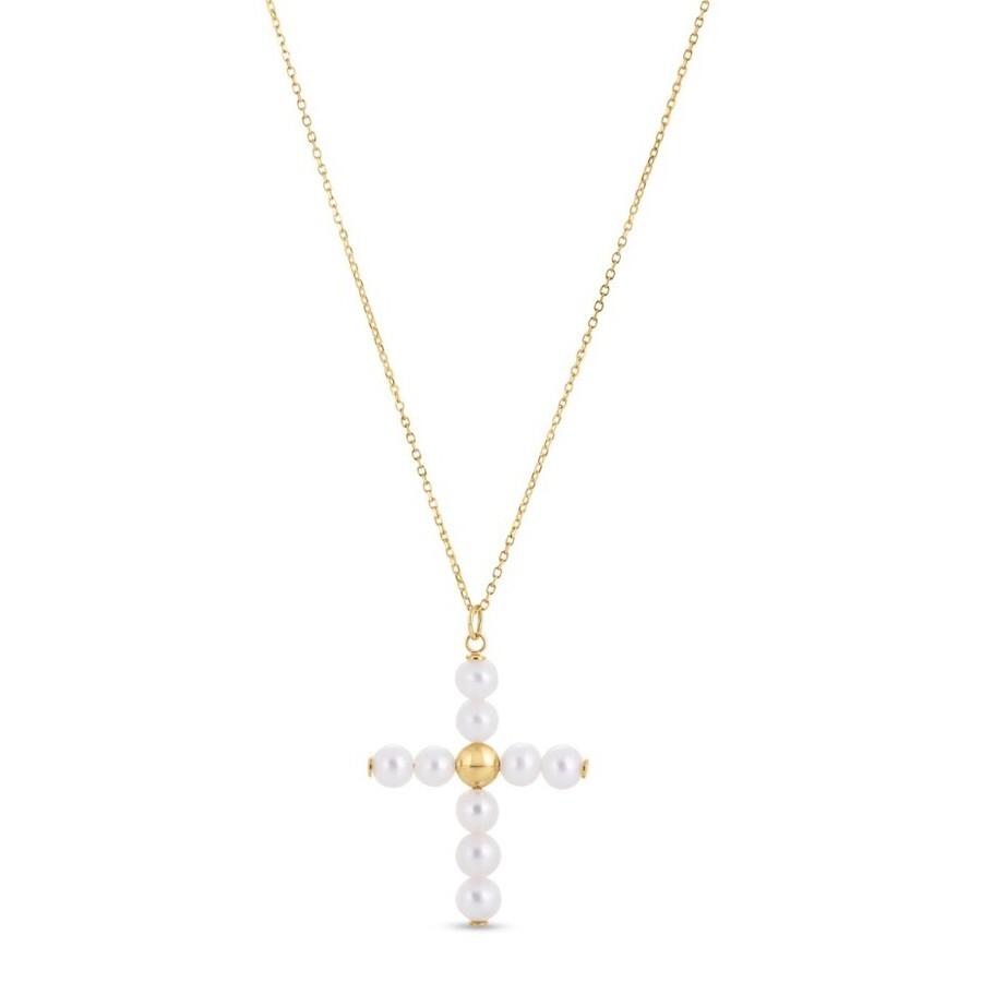 Tresorra 14k Yellow Gold Pearl Cross Pendant Necklace In Yellow